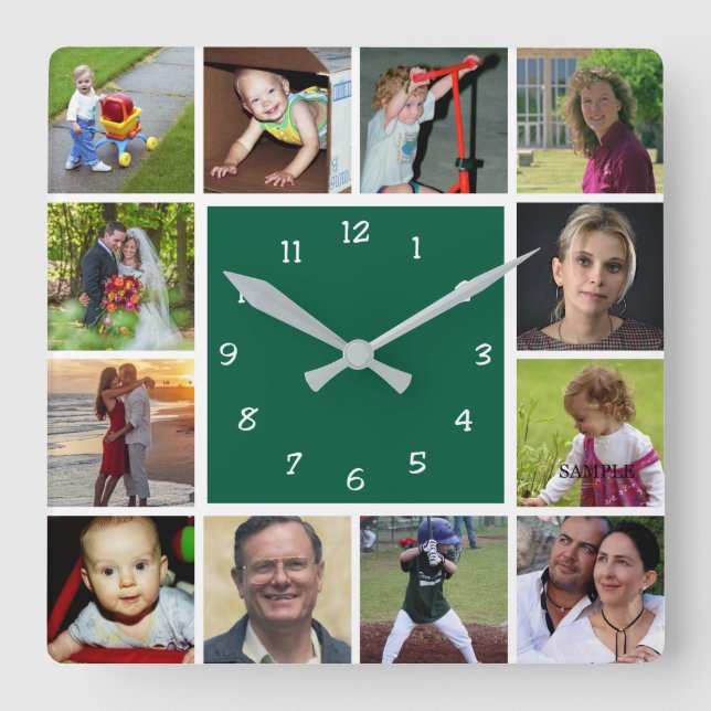 Wall Clock with 12 personal photos Fyrkantig Klocka (Framsida)