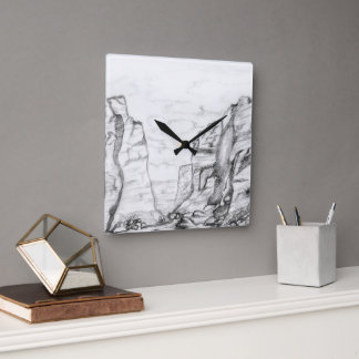 Wall Clock with canyon sketched in black and white Fyrkantig Klocka