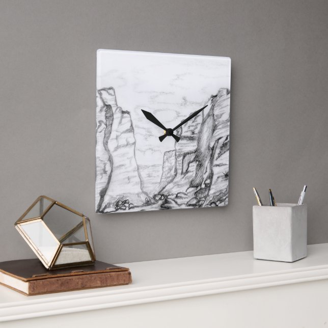 Wall Clock with canyon sketched in black and white Fyrkantig Klocka (Kontor)