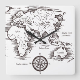 Wall Clock - World Map Afrika Europe AU NZ Asia Fyrkantig Klocka