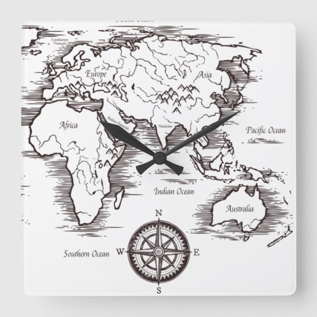 Wall Clock - World Map Afrika Europe AU NZ Asia Fyrkantig Klocka (Framsida)