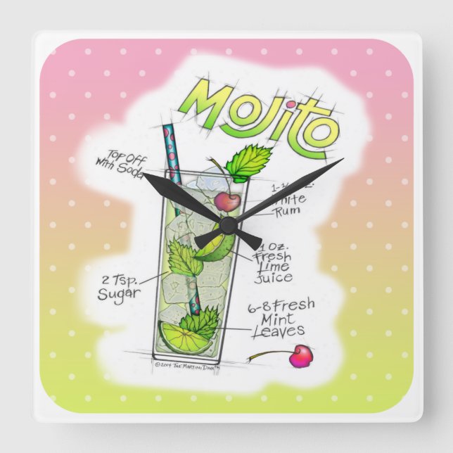 WALL CLOCKS - MOJITO RECIPE COCKTAIL ART FYRKANTIG KLOCKA (Framsida)