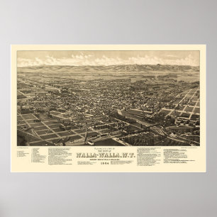 Walla Walla, panorama- karta för WA - 1884 Poster