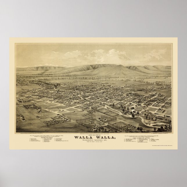 Walla Walla, WA Panoramic Karta - 1876 Poster (Framsidan)