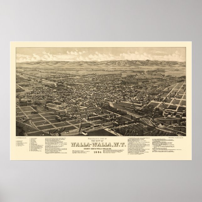 Walla Walla, WA Panoramic Karta - 1884 Poster (Framsidan)