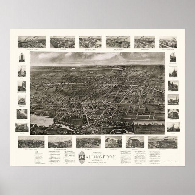 Wallingford, CT Panoramic Karta - 1905 Poster (Framsidan)