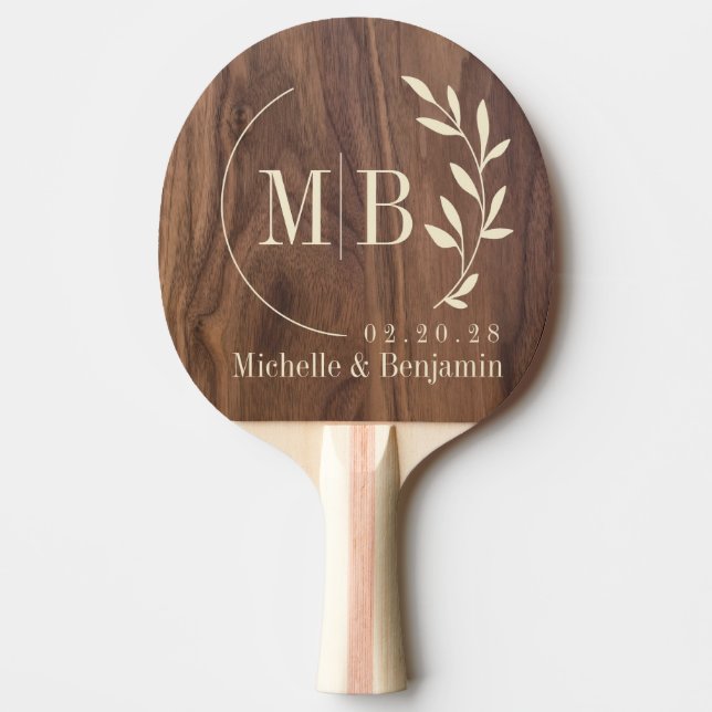 Walnut Wood Leaf Wedding Monogram Pingisracket (Framsidan)