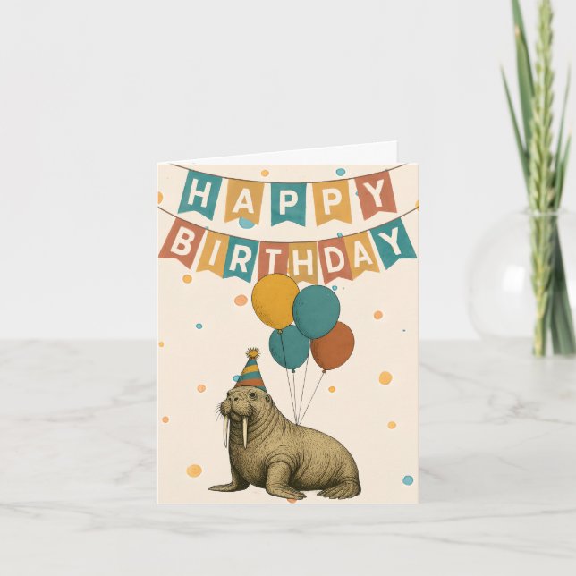 Walrus Birthday Card - Funny Party Animal Kort (Framsida)