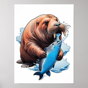 Walrus Fishing in the Sea Poster