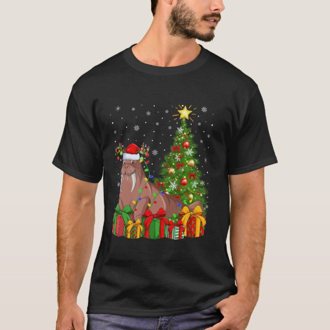 Walrus Julafton Träd Lighting Santa Hat Walrus Chr T Shirt (Framsida)