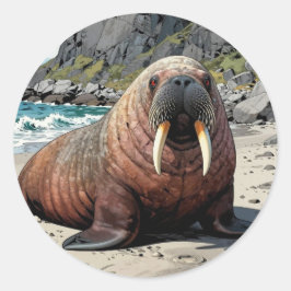 Walrus on a Sandy Beach  | Cute Animals Runt Klistermärke