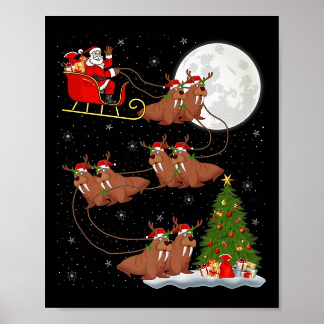Walrus Santa Sleigh Flying Funny Magical Christmas Poster (Framsidan)