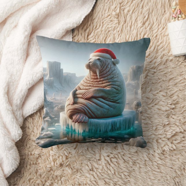Walrus Wearing a Santa Hat Kudde (Filt)
