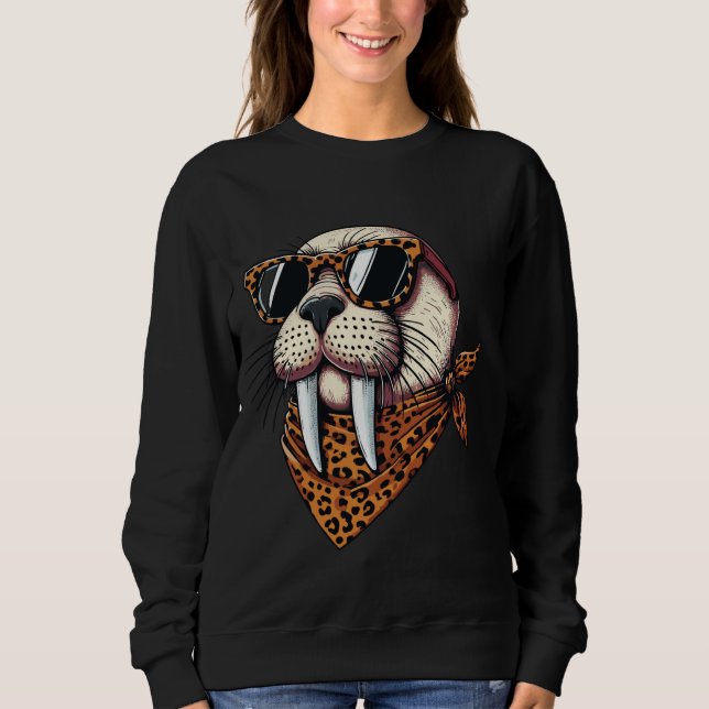 Walrus Wearing Leopard Scarf Animal Wearing Sungla T Shirt (Framsida)