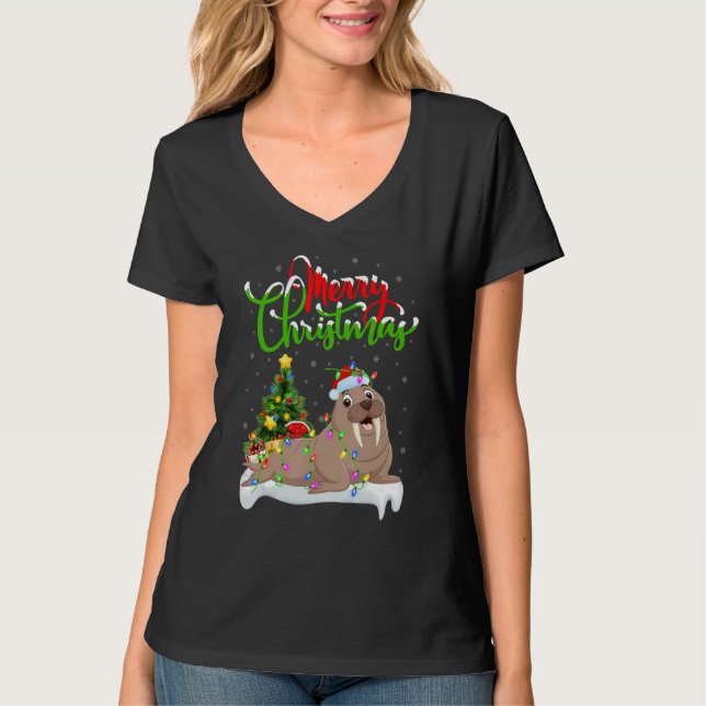 Walrus   Xmas Decorations Santa Walrus Christmas T Shirt (Framsida)