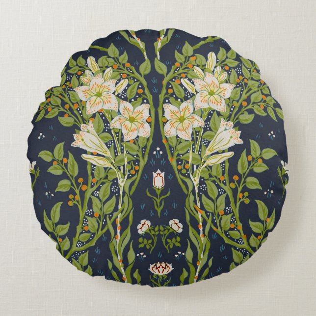 Walter Crane Berried Grenar med White Lilies Rund Kudde (Framsidan)