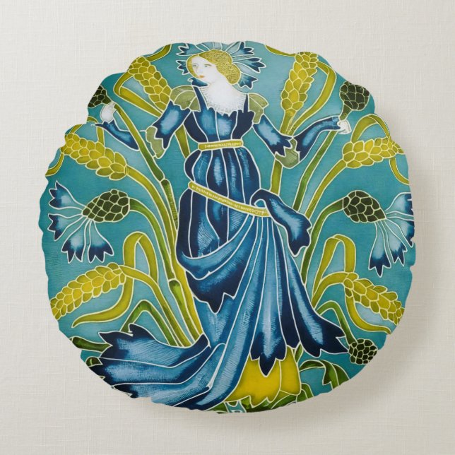 Walter Crane Blå Kornblomma Arts and Crafts Rund Kudde (Framsidan)