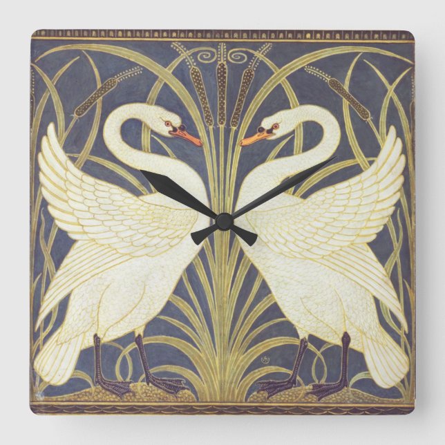 Walter Crane Svan, Rush och Iris Art nouveau Fyrkantig Klocka (Framsida)
