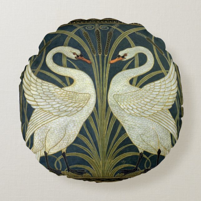 Walter Crane Swan & Rush och Iris viktoriansk  Rund Kudde (Framsidan)