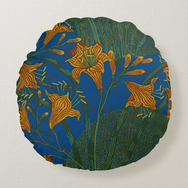 Walter Crane Vintage Daglilje Blommönster Rund Kudde (Framsidan)