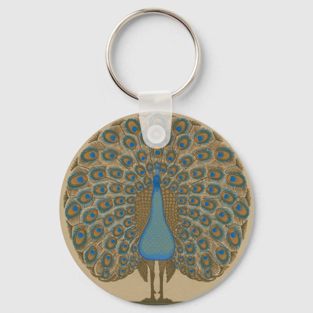 Walter Crane Vintage Guld Blå Påfågel Konst Nyckelring (Framsida)