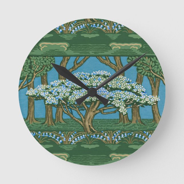 Walter Crane Vintage Majträd Skog Tapet Rund Klocka (Framsida)