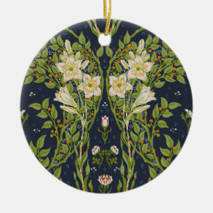Walter Crane Vintage Navy Vit Lily Mönster Julgransprydnad Keramik