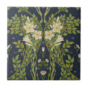 Walter Crane Vintage Navy Vit Lily Mönster Kakelplatta