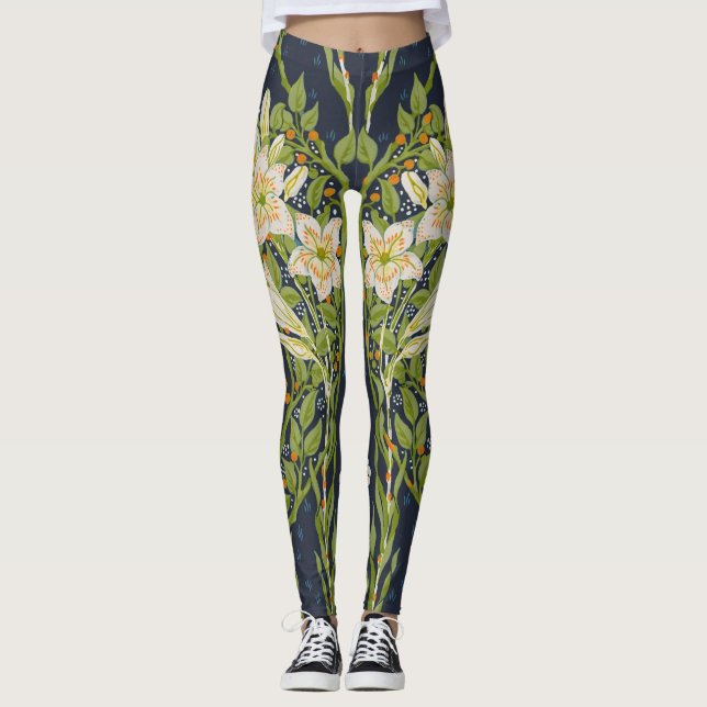 Walter Crane Vintage Navy Vit Lily Mönster Leggings (Framsida)