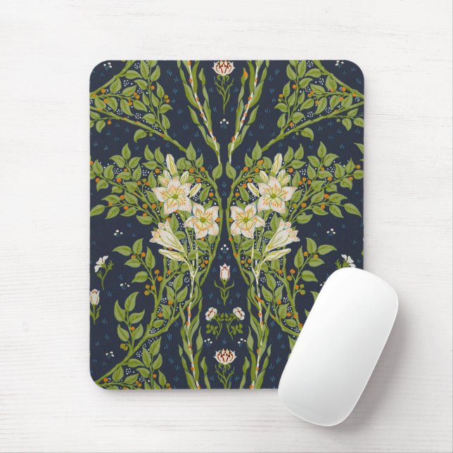 Walter Crane Vintage Navy Vit Lily Mönster Musmatta (Med mus)