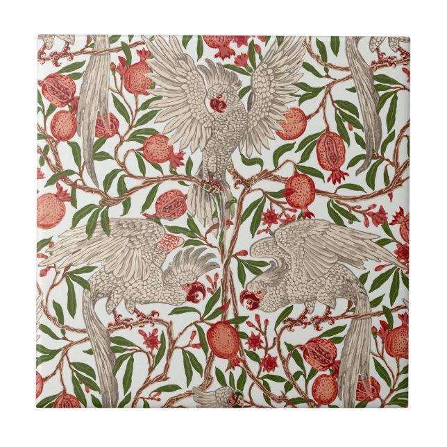 Walter Crane Vit Kakadua Röd Granatäpple Konst Kakelplatta (Framsidan)
