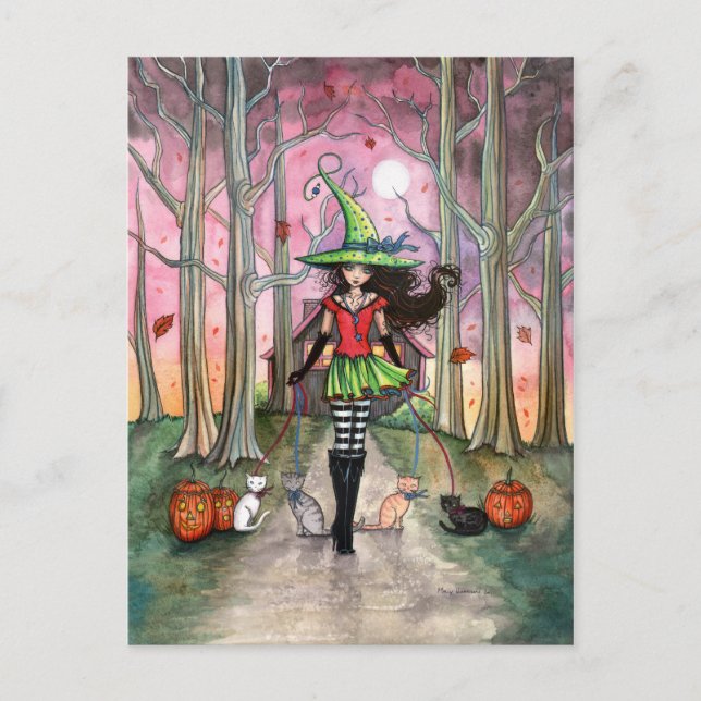 Walting the Cats Halloween Witch Postcard Vykort (Framsida)