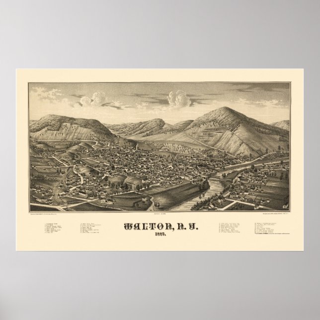 Walton, NY Panoramic Karta - 1887 Poster (Framsidan)