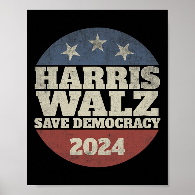 Waltz 2024 Spara Democracy Shirt Retro Button Val Poster (Framsidan)