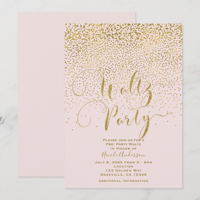 WALTZ PARTY Dans Evenemang Rosenskär & Guld Konfet Inbjudningar (Fram/baksida)