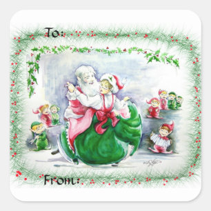 Waltzing Santa & Claus Gift Märkres/Stickers Fyrkantigt Klistermärke