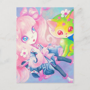Wamono japansk flicka med den Kawaii kattungen Vykort
