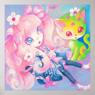 Wamono japansk flicka med Kawaii kattunge~ Poster