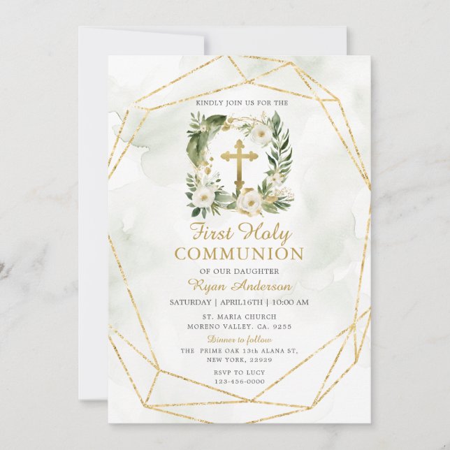 WAN Greenery Vit ros First Heliga Communion Inbjudningar (Framsida)