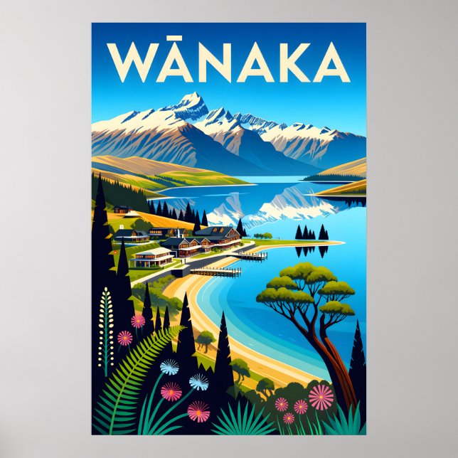 Wānaka Nya Zeeland Retro Resemaljör Poster Art (Framsidan)
