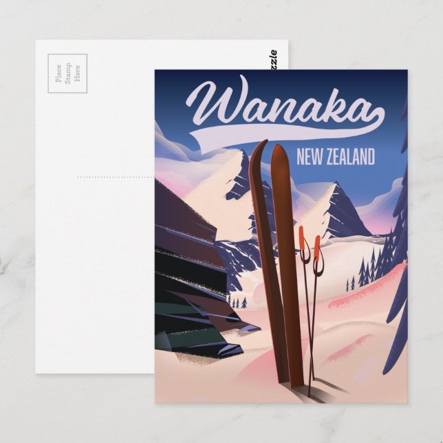 Wanaka Nya Zeeland skidaffisch Vykort (Fram/baksida)
