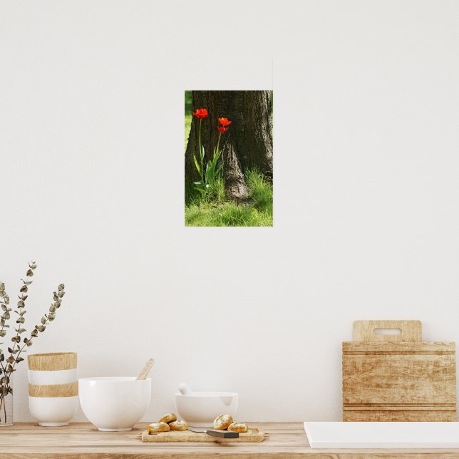 Wanddruck mit roten Tulpen am Baumstamm Poster (Kök)