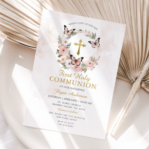 WandeButterfly Rosa ros First Heliga Communion Inbjudningar