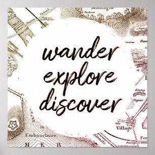 Wander Explore Discovery Vintage Karta Travel Poster