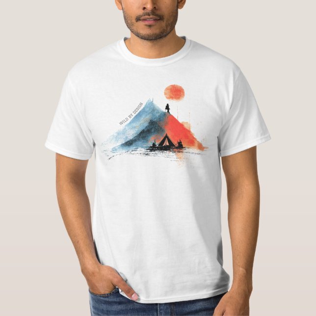 Wander the Peaks – Abstract Mountain & Campfire T Shirt (Framsida)