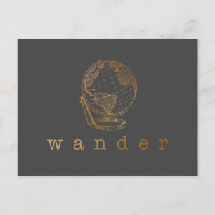 Wander Travel Quote och Globe in Black and Guld Vykort