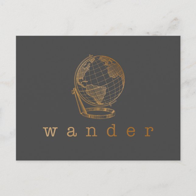 Wander Travel Quote och Globe in Black and Guld Vykort (Framsida)