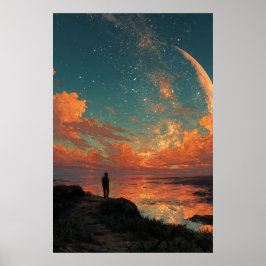 Wanderer Under Giant Crescent Moon Poster