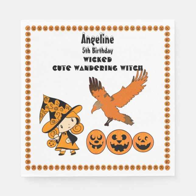 Wandering Witch Raven Halloween Pumpkins Birthday Pappersservett (Framsidan)