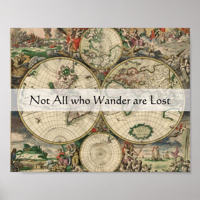 Wanderlust Citat inte alla som Wander Antique Kart Poster (Framsidan)